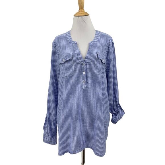 Tahari Shirt Womens 2XL XXL Blue White Linen Sleeve Tab Sleeve Henley Striped - Picture 1 of 13